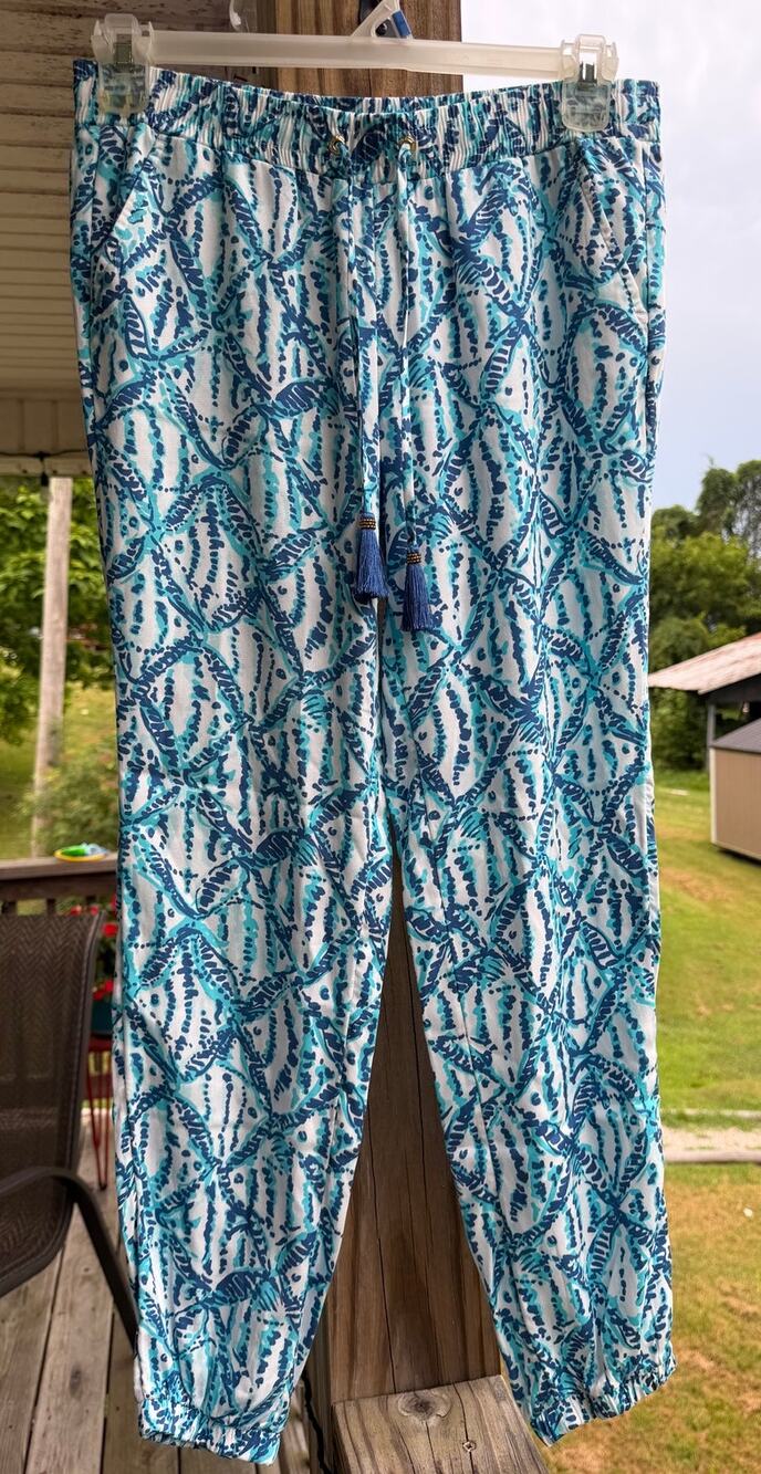Lilly Pulitzer Preppy Coastal Blue Tropical Fish Tassel Modal Tropical Joggers S